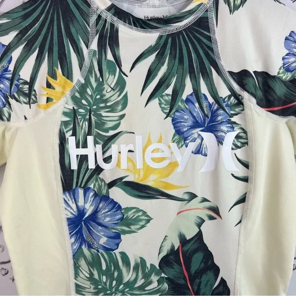 Hurley rash guard swim shirt Cream T-Shirt with Green and Blue Tropical Print - Picture 5 of 9